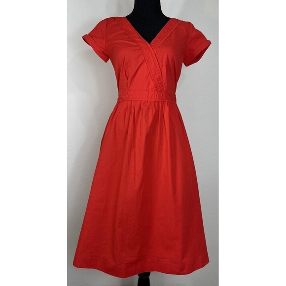 J. Crew Short Sleeve Cotton Poplin Red Orange Midi Dress Size 00 - Picture 5 of 14